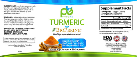 PurelyBio-Turmeric w/Bioperine 650mg 60ct Capsules-Beyondnutra.com